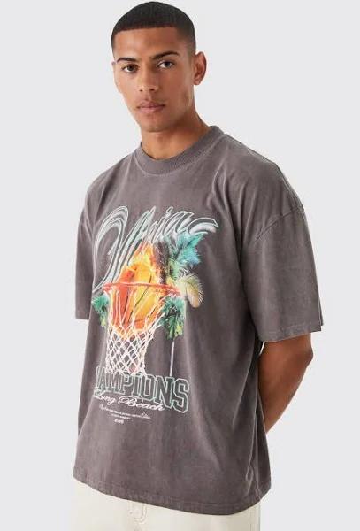 Mens Chocolate Oversized Wash Champions Graphic T-Shirt