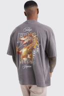 Mens Chocolate Oversized Wash Dragon Graphic T-Shirt