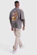 Mens Chocolate Oversized Wash Dragon Graphic T-Shirt