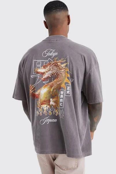 Mens Chocolate Oversized Wash Dragon Graphic T-Shirt