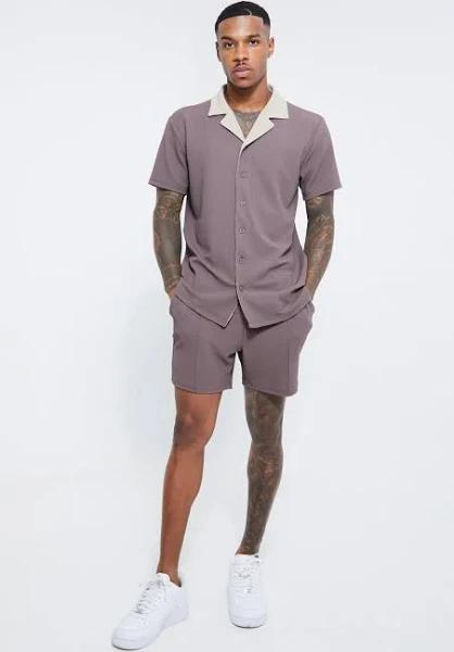 Mens Chocolate Short Sleeve Textured Jersey Shirt and Short