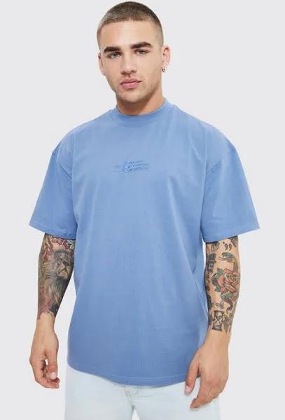 Mens Cloud Blue Oversized Heavyweight High Build Text T-Shirt