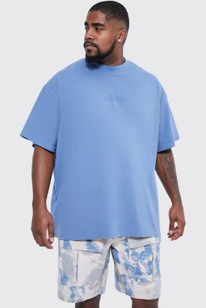 Mens Cloud Blue Plus Oversized Heavyweight High Build Text T-Shirt