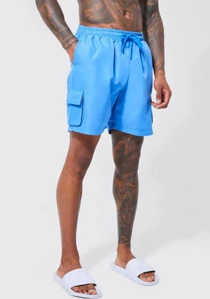 Mens Cobalt Mid Length Cargo Swim Shorts