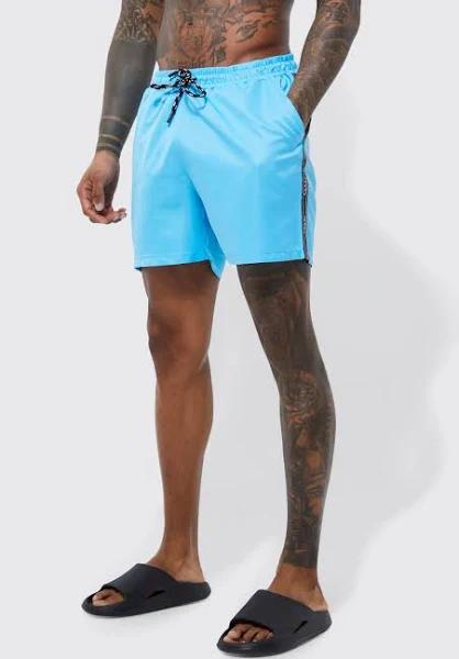 Mens Cobalt Mid Length Man Tape Swim Shorts