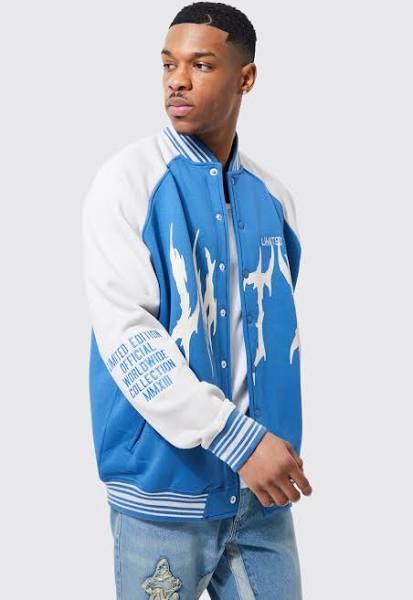 Mens Cobalt Oversized Contrast Sleeve Jersey Bomber Jacket