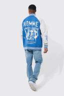 Mens Cobalt Oversized Contrast Sleeve Jersey Bomber Jacket