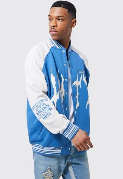 Mens Cobalt Oversized Contrast Sleeve Jersey Bomber Jacket