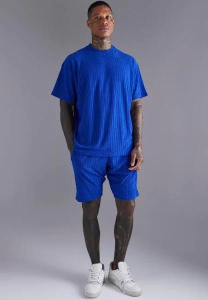 Mens Cobalt Oversized Stripe Towelling T-Shirt & Short Set