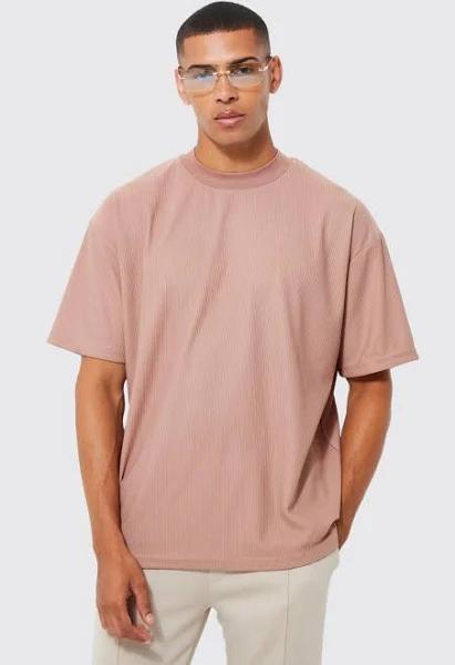 Mens Coffee Oversized Extended Neck Ottoman Rib T-Shirt