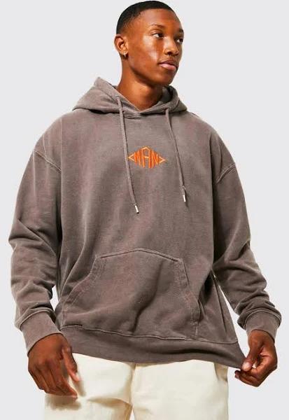 Mens Coffee Oversized Washed Man Diamond Washed Hoodie
