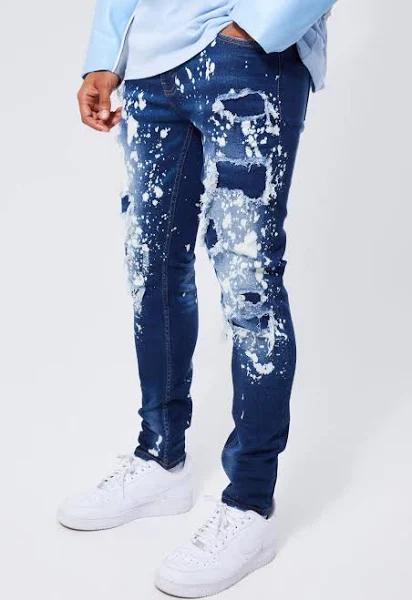 Mens Dark Blue Skinny Stetch All Over Ripped Bleached Jeans