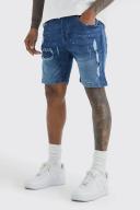 Mens Dark Blue Skinny Stretch Rip & Repair Denim Shorts