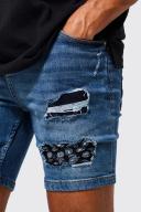 Mens Dark Blue Skinny Stretch Rip & Repair Denim Shorts