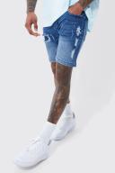 Mens Dark Blue Skinny Stretch Rip & Repair Denim Shorts