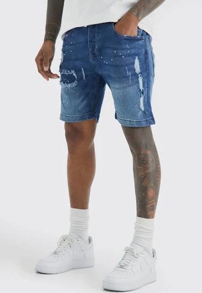 Mens Dark Blue Skinny Stretch Rip & Repair Denim Shorts