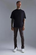 Mens Dark Brown Skinny Stacked Zip Hem Coated Jeans