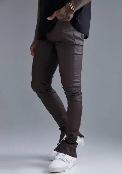 Mens Dark Brown Skinny Stacked Zip Hem Coated Jeans