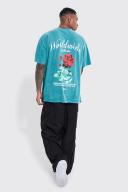 Mens Dark Green Oversized Overdye Worldwide Floral Graphic T-Shirt