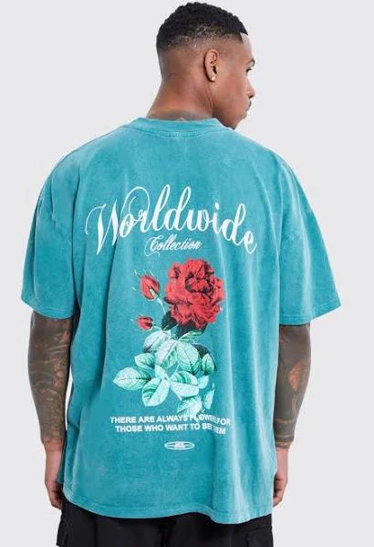 Mens Dark Green Oversized Overdye Worldwide Floral Graphic T-Shirt
