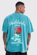 Mens Dark Green Oversized Overdye Worldwide Floral Graphic T-Shirt