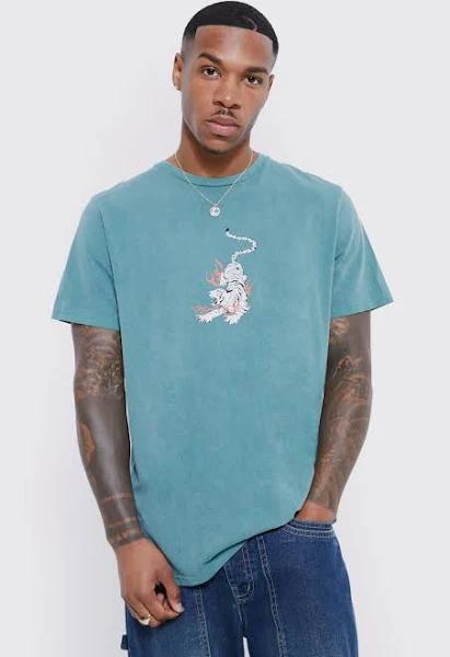 Mens Dark Green Oversized Overdyed Tiger Graphic T-Shirt