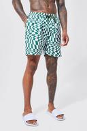 Mens Dark Green Warped Check Mid Length Swim