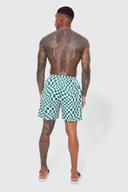 Mens Dark Green Warped Check Mid Length Swim