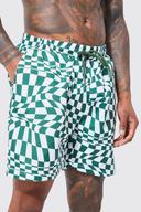 Mens Dark Green Warped Check Mid Length Swim