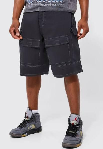 Mens Dark Grey Fixed Parachute Washed Cargo Short