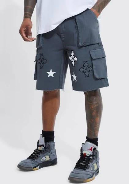 Mens Dark Grey Fixed Waist Relaxed Cargo Short with Applique