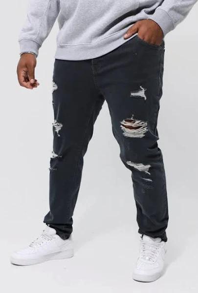 Mens Dark Grey Plus Skinny Stretch All Over Rip Jeans