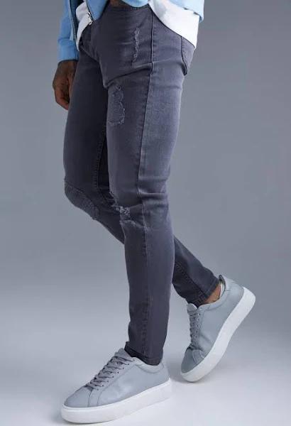 Mens Dark Grey Skinny Stretch Exploded Knee Ripped Jean
