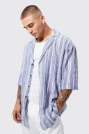 Mens denim-Blue Short Sleeve Drop Revere Textured Stripe Shirt