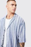Mens denim-Blue Short Sleeve Drop Revere Textured Stripe Shirt