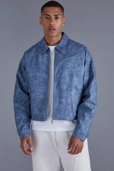 Mens Dusty Blue Boxy Tumbled PU Collared Bomber