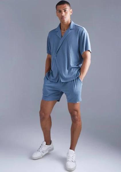 Mens Dusty Blue Boxy Wrap Texture Shirt and Short Set