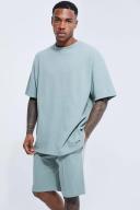 Mens Dusty Green Oversized Popcorn Waffle T-Shirt & Short Set