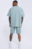 Mens Dusty Green Oversized Popcorn Waffle T-Shirt & Short Set