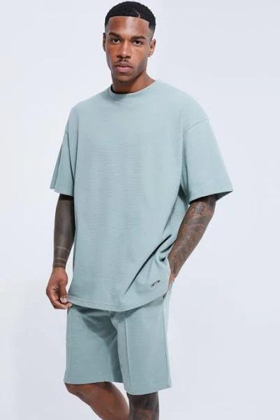 Mens Dusty Green Oversized Popcorn Waffle T-Shirt & Short Set