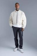 Mens Ecru Boxy Fit PU Quilted Collared Bomber