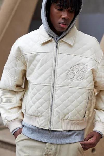 Mens Ecru Boxy Fit PU Quilted Collared Bomber