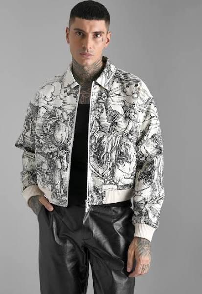 Mens Ecru Boxy Printed PU Collared Bomber