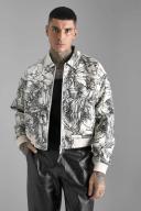 Mens Ecru Boxy Printed PU Collared Bomber