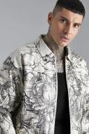 Mens Ecru Boxy Printed PU Collared Bomber