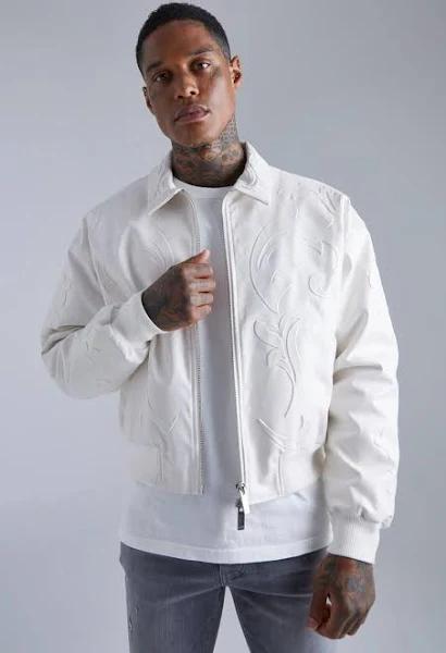 Mens Ecru Embossed PU Baroque Boxy Bomber