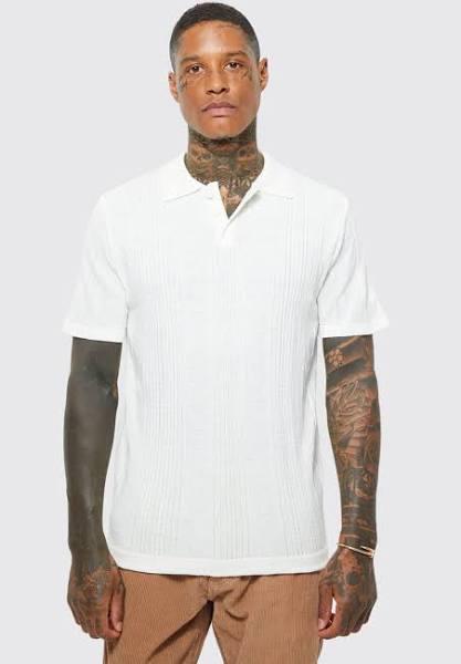 Mens Ecru Mini Lightweight Striped Texture Knitted Polo