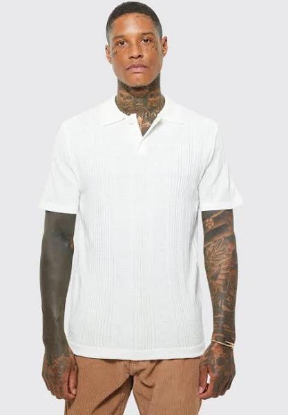 Mens Ecru Mini Lightweight Striped Texture Knitted Polo