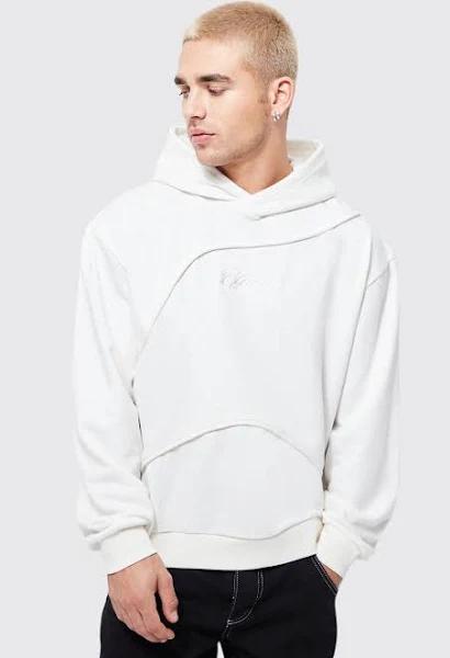 Mens Ecru Oversized Boxy Seam Detailed Hoodie