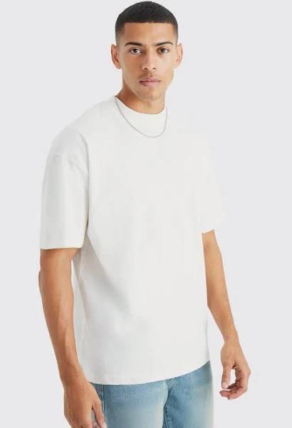 Mens Ecru Oversized Extended Neck Heavy T-Shirt